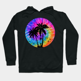 Tie Dye Palm Tree Beach Scene: Trippy Hippie Boho Tropical Pink Rainbow Neon Colors Hoodie